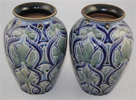 A pair of Doulton Lambeth stoneware ovoid vases, by Frank A. Butler, 1884, 22cm